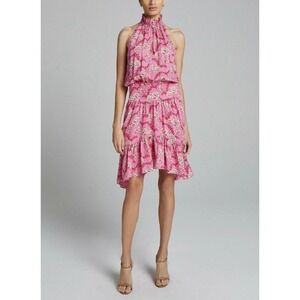 A.L.C. Cody Pink Floral Silk Halter Dress Smocked Waist Ruffle Hem Size 6
